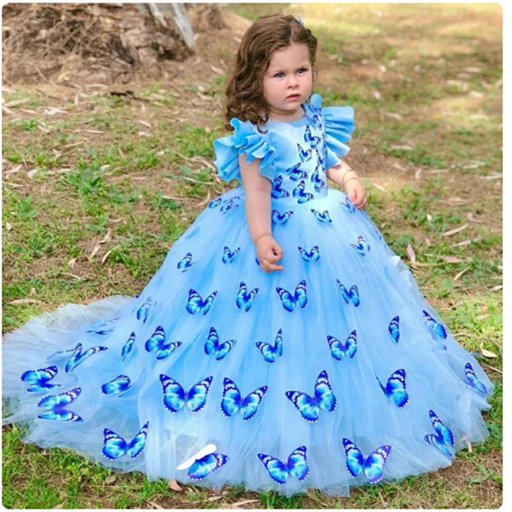 Vestidos azules de flores para niña, vestido de tul con apliques de mariposa para boda, cola de corte, vestido de baile, vestido de primera comunión para fiesta infantil 2024