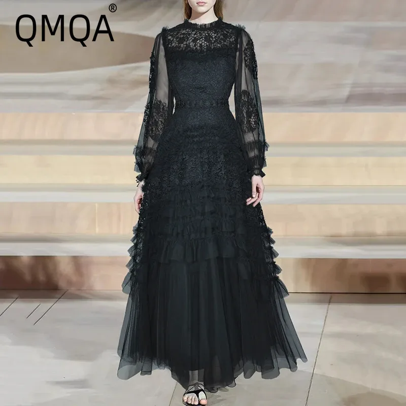QMQA Fashion Women's Evening Dress Lantern Long Sleeved Mesh Water Soluble Flower Splicing High Waist Ruffle Hem Dresses QM318