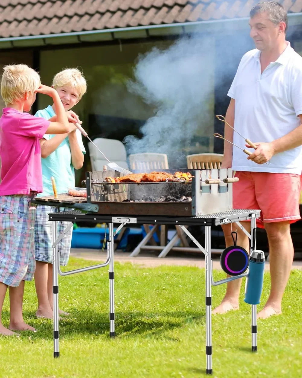 Mesa plegable, mesa de camping de altura ajustable con 2 ganchos, mesa de parrilla portátil de aluminio liviana y compacta para exteriores