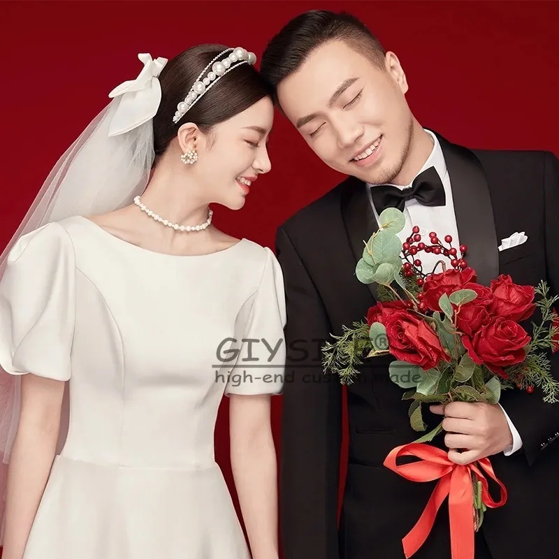 GIYSILE Customized White Round Neck Short Sleeve Light Wedding Dress Simple Temperament Satin Hepburn Style evening dresses