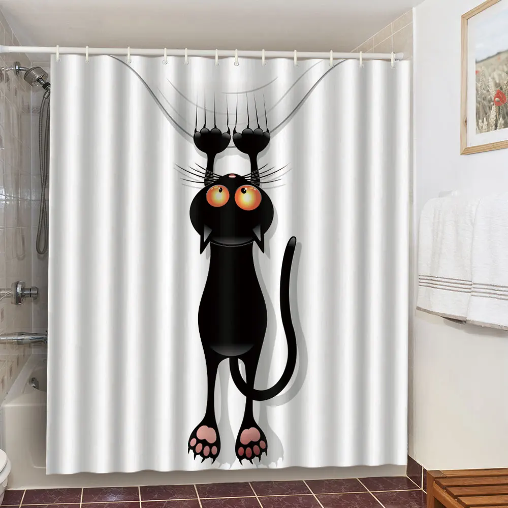 Funny Cute Cat Shower Curtain 3D Print Animal Landscape Bathroom Curtains Waterproof Polyester Fabric Home Background Decoration