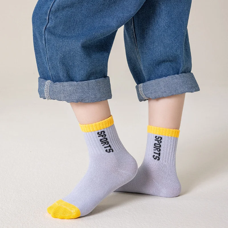 5 Pairs Kids Sports Socks Color Block Letter Print Soft Cotton Mid‑Calf Breathable Casual Socks For Boys Girls