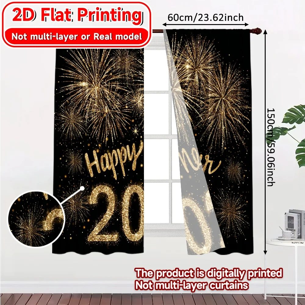 2D Flat Printing,2pcs Golden 2026 Celebration Fashionable Popular Curtains 100% Polyester Curtains All Seasons Ldeal for Bedroom
