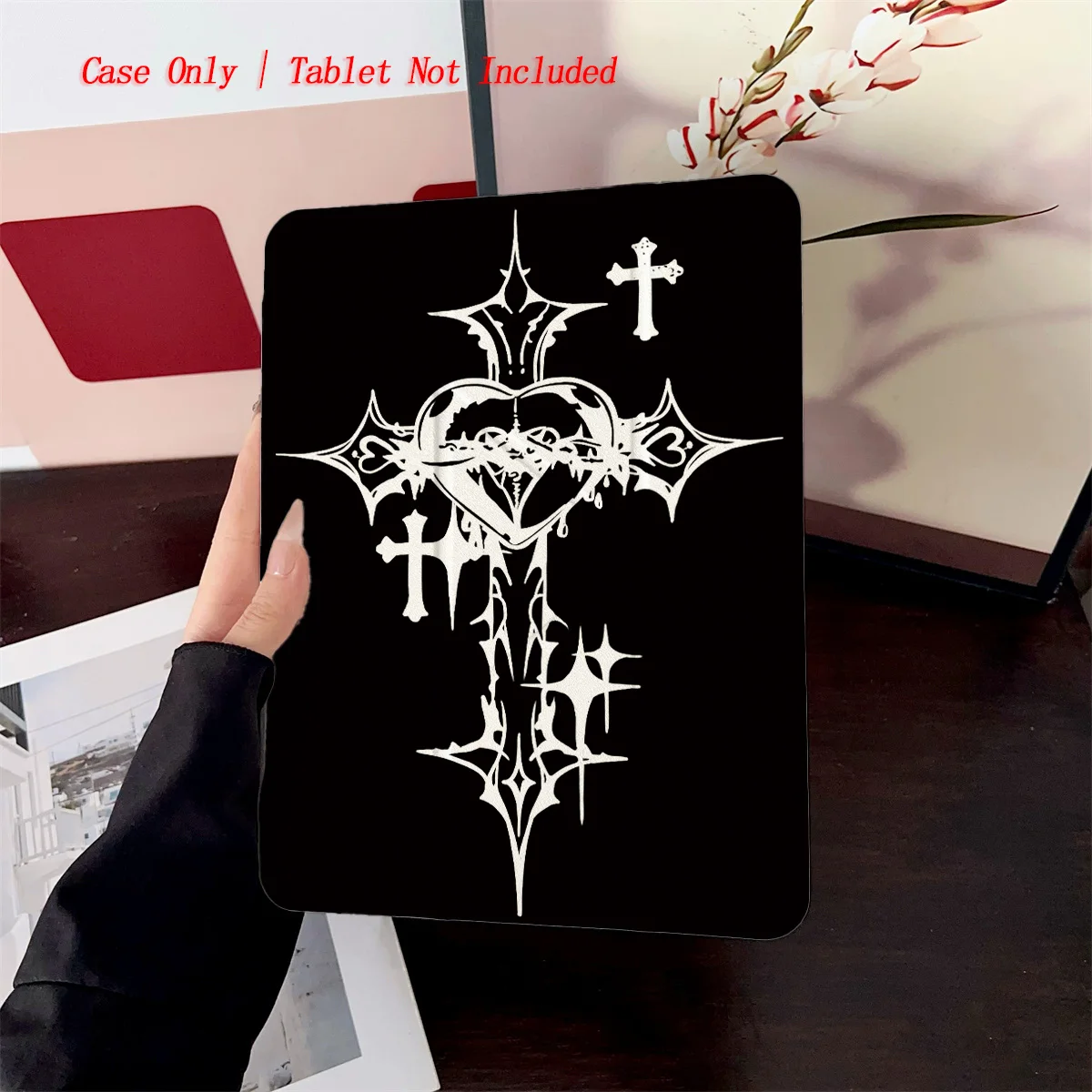 

Modern Elegant Y-Fold Acrylic Cross & Heart Motifs Patterns iPad Cover For Apple iPad 9th-10th Gen Air 5 Mini 6 Shockproof Case