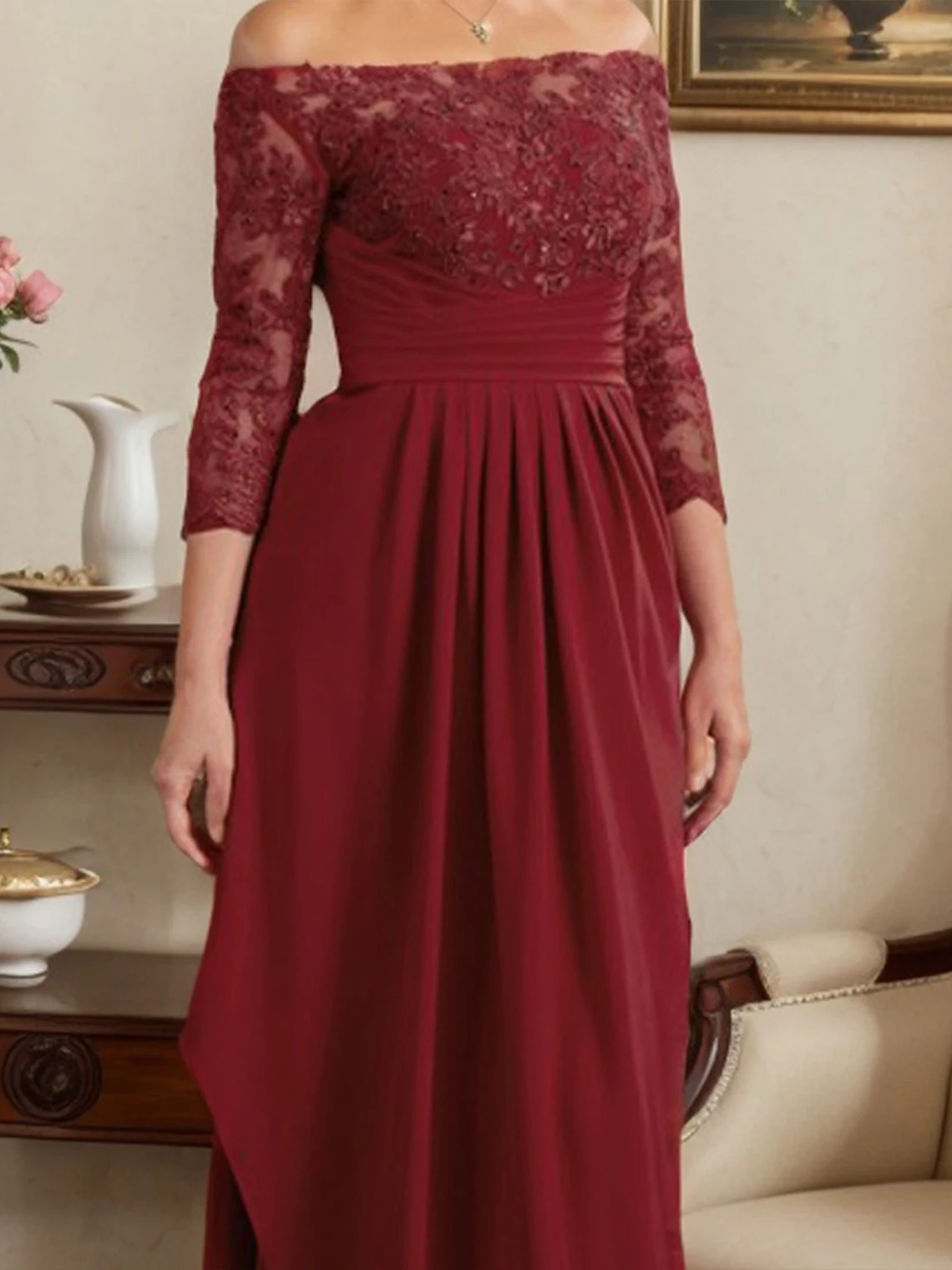 Elegant A-Lineแม่ของชุดเจ้าสาวลูกไม้ปิดไหล่ 3/4 แขนยาวAppliquesชุดราตรี 2025 ฟรีที่กําหนดเอง