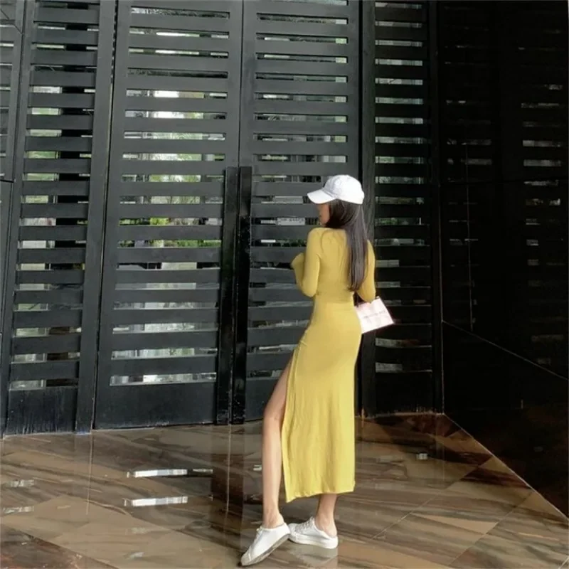 Solid Maxi Dress Women Fashion Sexy Slim Round Neck Slit Dress Korean Elegant Bodycon Vestidos Para Mujer Y2k New Party Robe 원피스