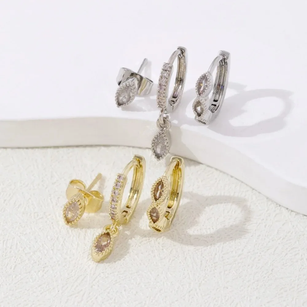 3pcs Set Exquisite Luxury Shiny Inlaid Zircon Teardrop Shape Stud Earrings Ear Clip for Women Korea Stainless Steel Jewelry Sets