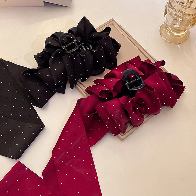 Star Dot Bow Ribbon Hair Claw Hairpin Wine Red Black Temperament Hair Crab Hair Clips Women Summer Fashion Hair Accessories