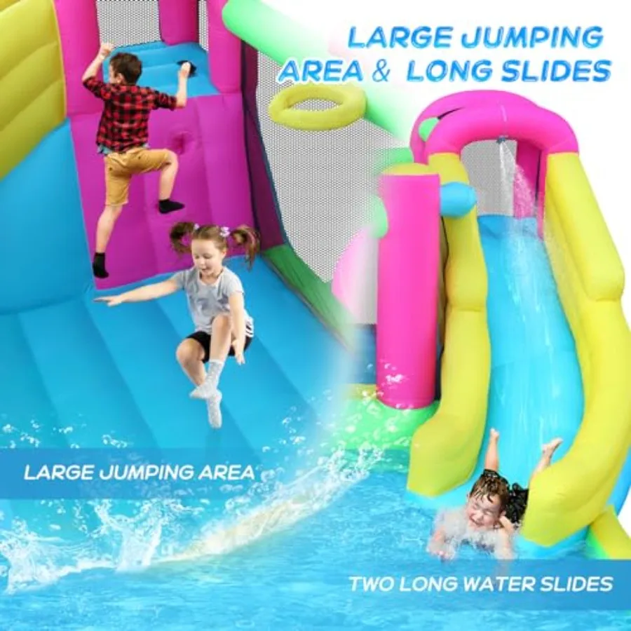 Backyard inflatable water slide bounce house with dual slides climbing walls ring-toss large pool; PVC material blue and yellow