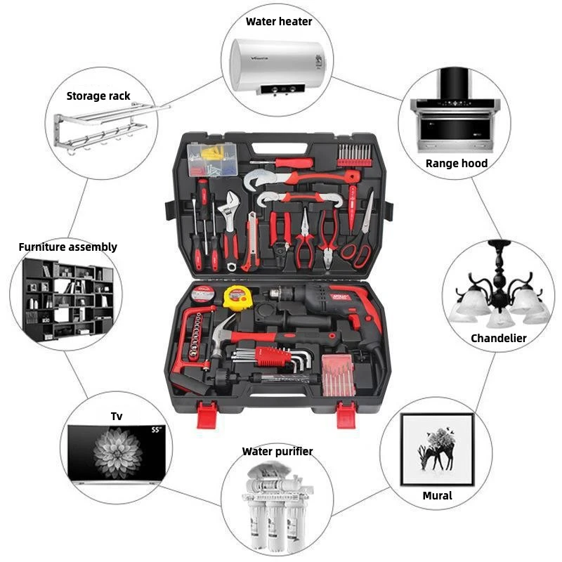 135pcs Household Hand Tool Kit Set with Electric Drill Saw Screwdriver Hammer Tape Wrench and Pliers for DIY and Repair