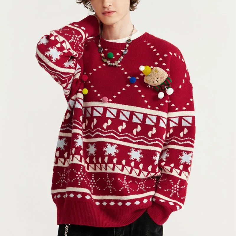 Christmas Sweater for Men Women Plush Teddy Bear Doll Decor Loose Casual Pullover Knit Top Couple Matching Xmas Holiday Jumper