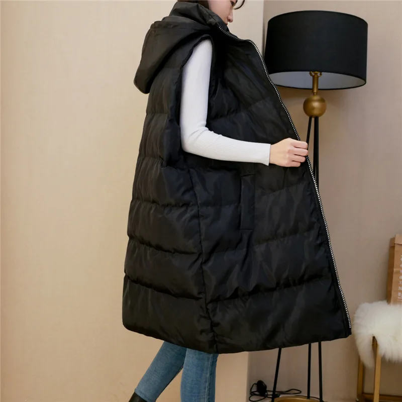 170Kg Plus Size Women\'s Bust 170 Winter Loose Hooded Long Padded Vest Jacket Diamond Zipper Coat Black 7XL 8XL 9XL 10XL 11XL