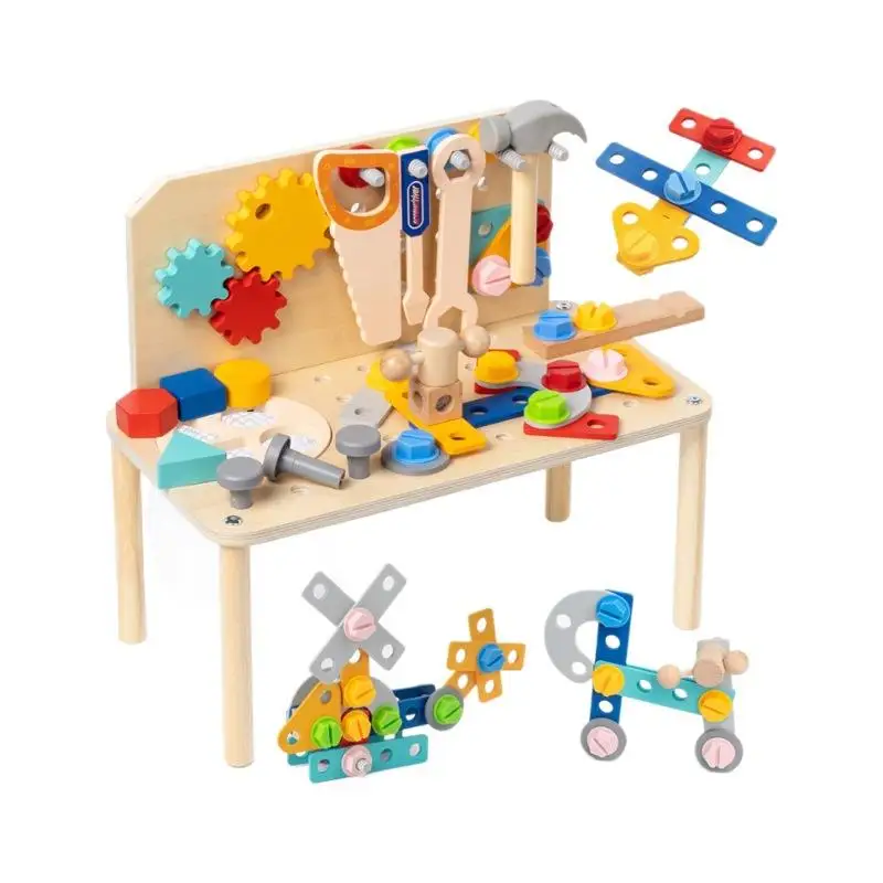 Kolorowa drewniana warsztatka dla dzieci z różnymi elementami narzędziowymi, która umożliwia dzieciom zostać małymi mechanikami.