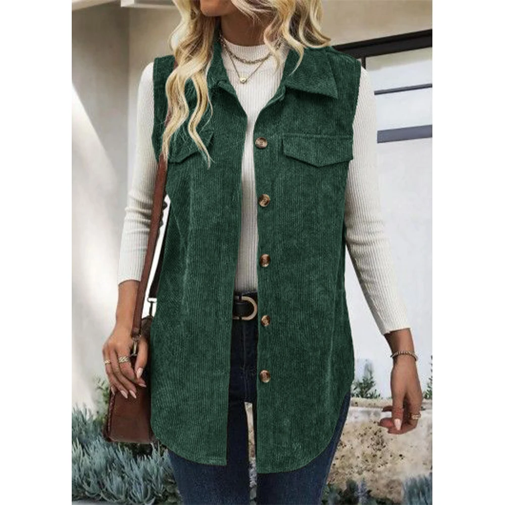 Women's Vest Corduroy Winter Women Vests Long Jacket Ladies Trend 2024 Turn-down Collar Sleeveless Waistcoat Large Size Vest