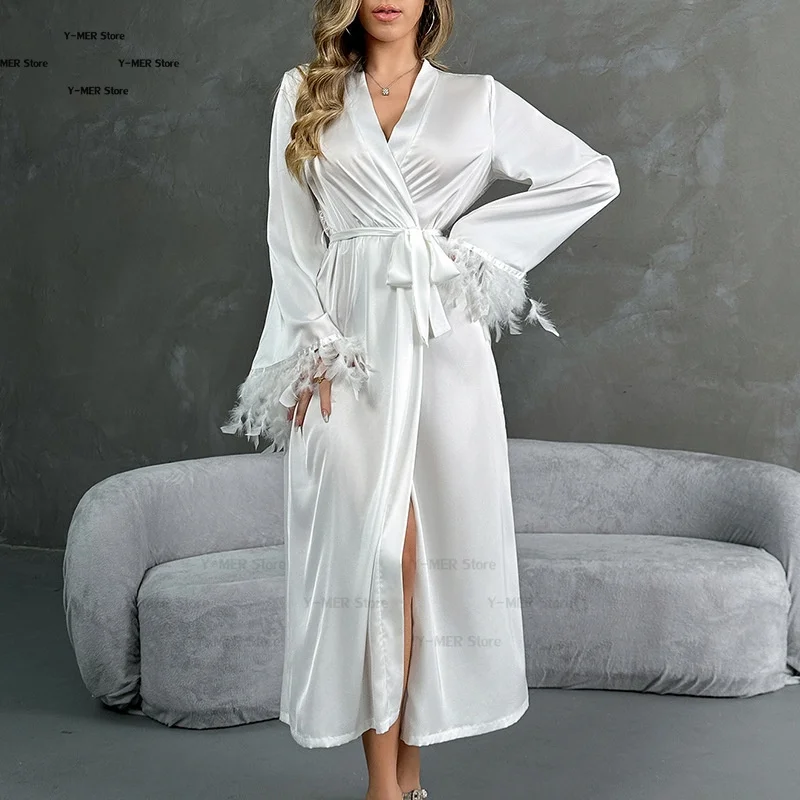 

White Bride Wedding Dress Sexy Backless Robe Women Luxury Feather Trim Bathrobe Nightgown Ice Silk Loungewear Long Homewear