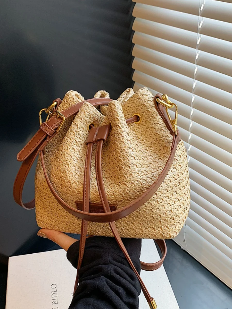 Bolsa de ombro balde de palha para mulheres, bolsa mensageiro feminina, bolsa tiracolo casual, bolsa bolsa e bolsas, embreagens da moda, nova, 2024