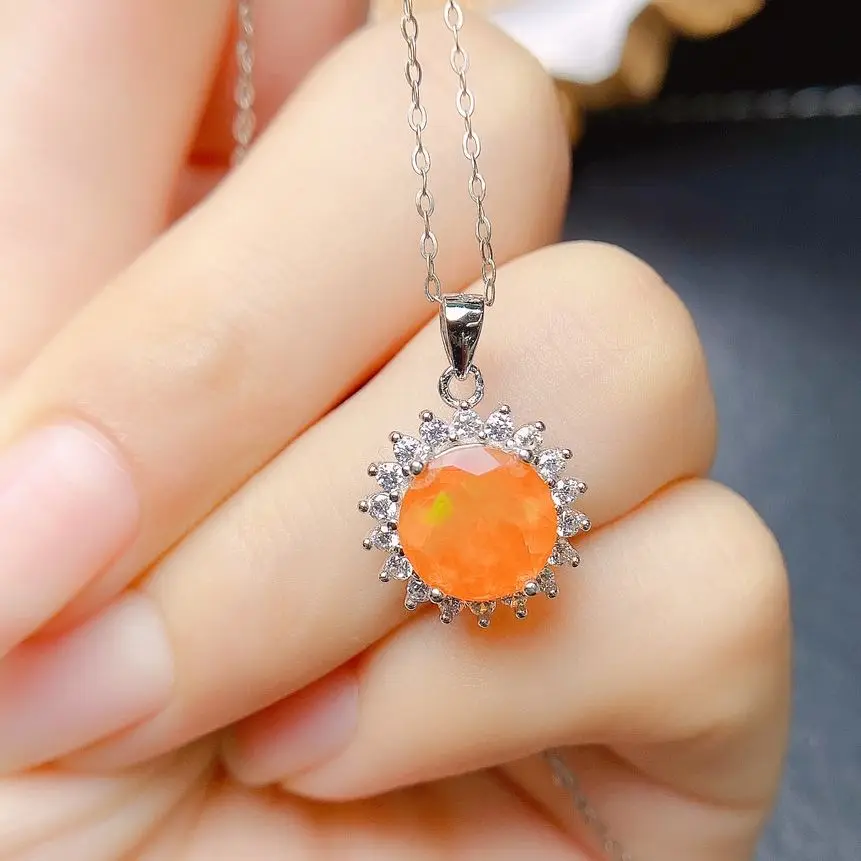 

AAA VVS Orange Fire Opal Pendant in 925 Sterling Silver Opal Sunflower Pendant With Halo CZ Necklace For Gift