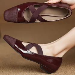 Women's genuine leather horsehair patchwork elastic band cross strap slip-on flats square toe soft comfort elegant ladies shoes