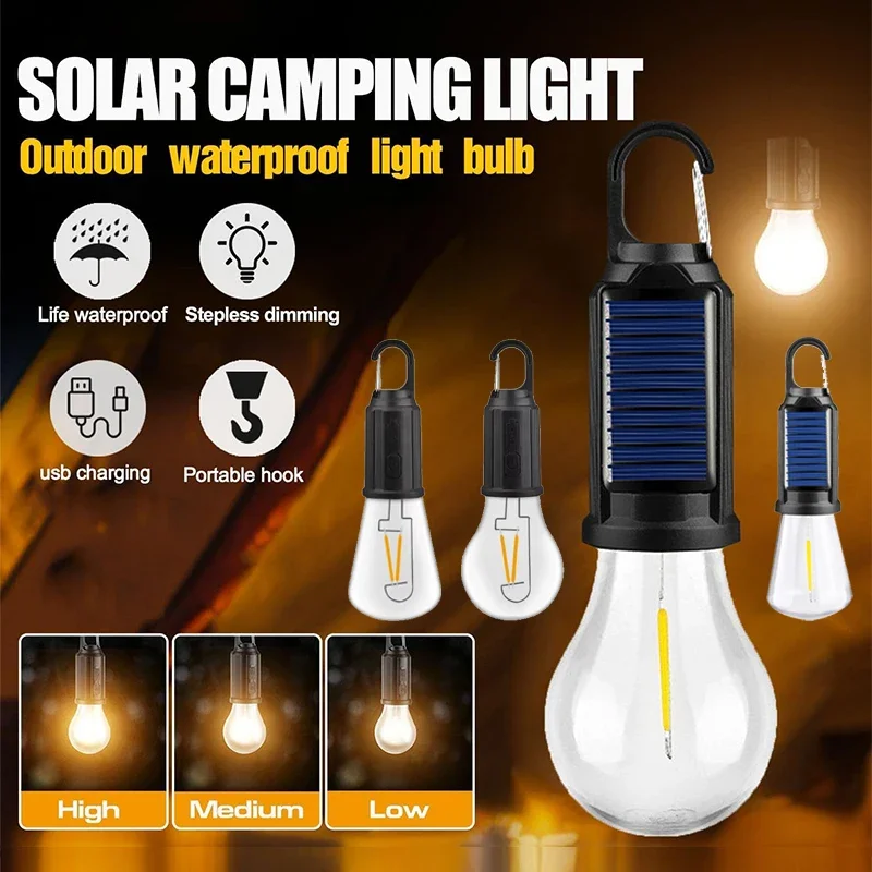 Solar Powered LED Camping Lamp Bulbs USB Charging Night Lights Waterproof Portable Hook Up Handheld Lamp for Outdoor Fishing