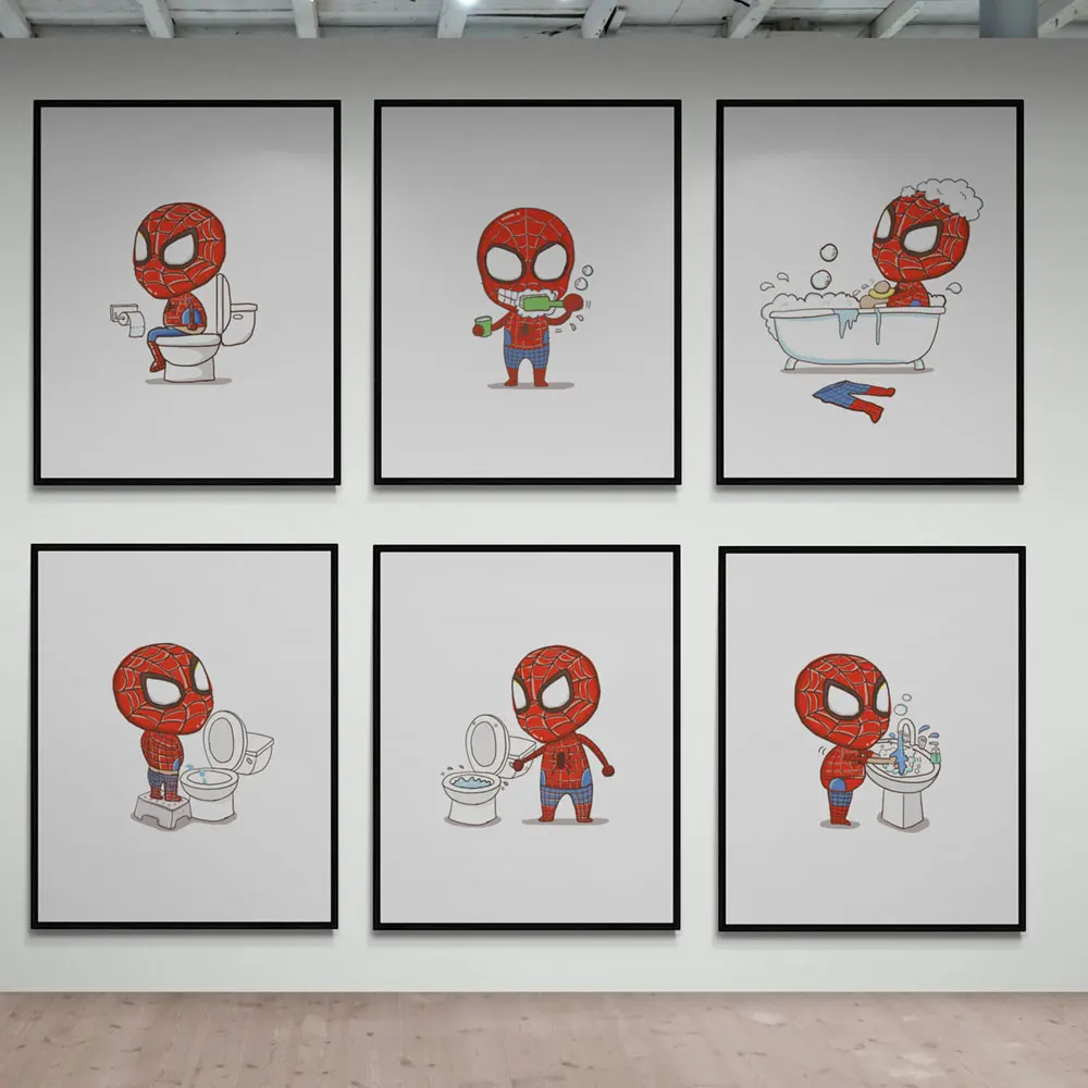 

Marvel Cartoon SpiderMan 6 Sets Children Bathroom Bedtime Daily Canvas Wall Print Poster Decor Kids Room Children's Barthroom