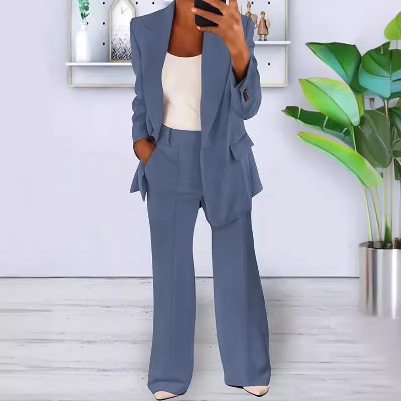 Casual Pocket Single Button Blazer Jackets& High Elastic Waist OL Workwear Wide Leg Pant Suits Women's Sets Two 2 Pieces Sale