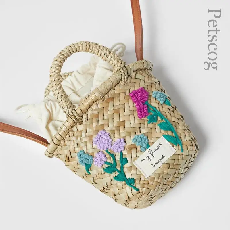 

Floral Embroidered Straw Bag For Girls Cute Mini Top-handle Handbags Summer Fashion Beach Shoulder Bag Bohemian Messenger Purse