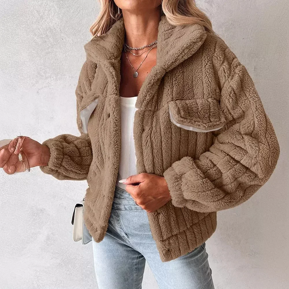 

Casaul Winter Clothes Women Coat 2024 New Solid Color Warm Jacket Turn-Down Collar Buttoned Long Sleeved Thick Fur Tops Y2k