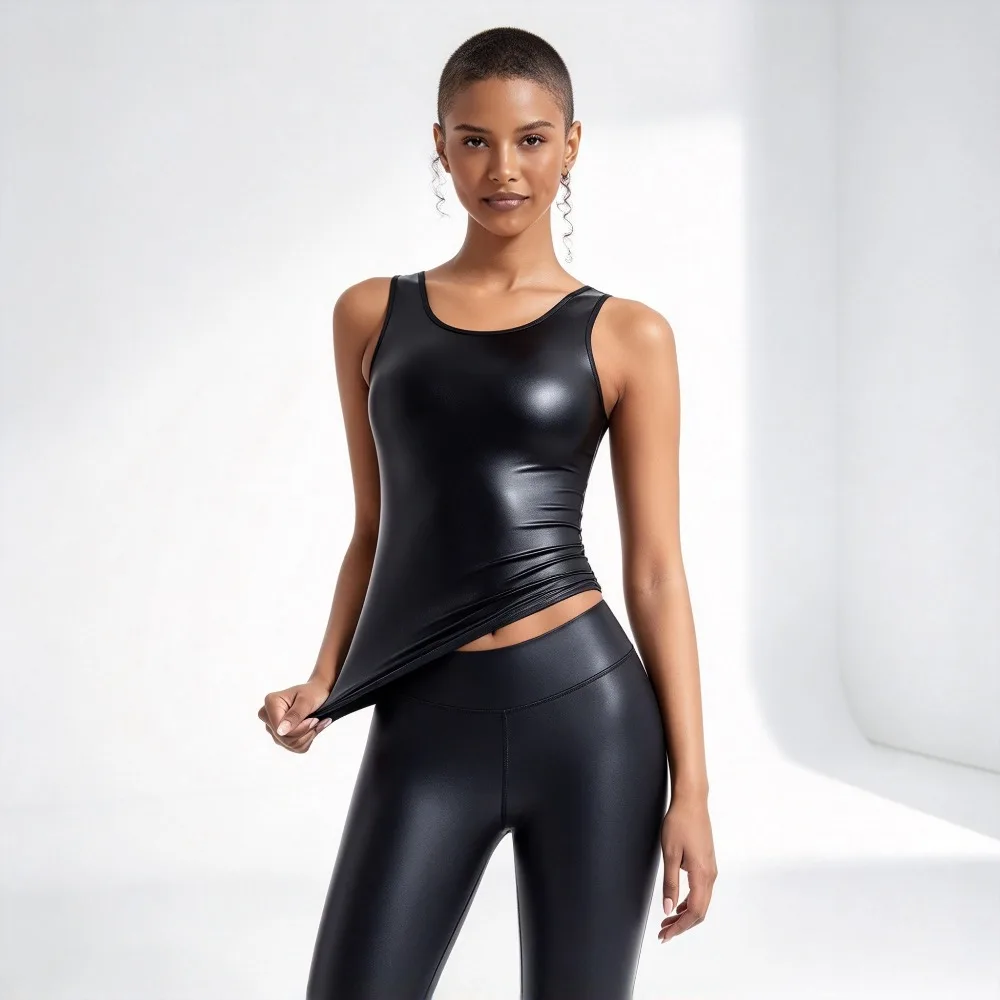 Womens Glossy Faux Leather Sleeveless Tank Vest, Stretch Shiny PU Leather Look Slim Fit Camisole Top