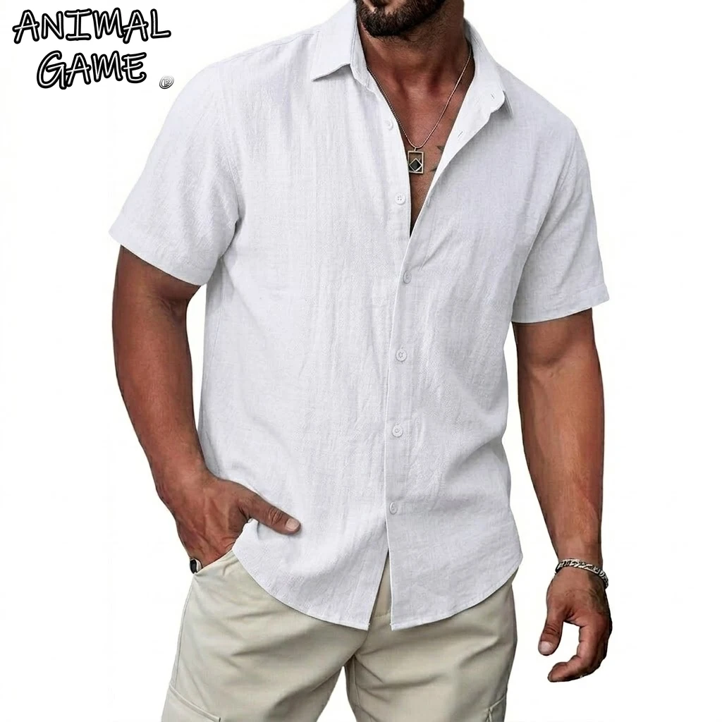 

Men Cotton Linen T-shirts Men's Short-Sleeved Shirts Solid Color Turn-down Collar Casual Beach Summer Shirts Plus Size Tops