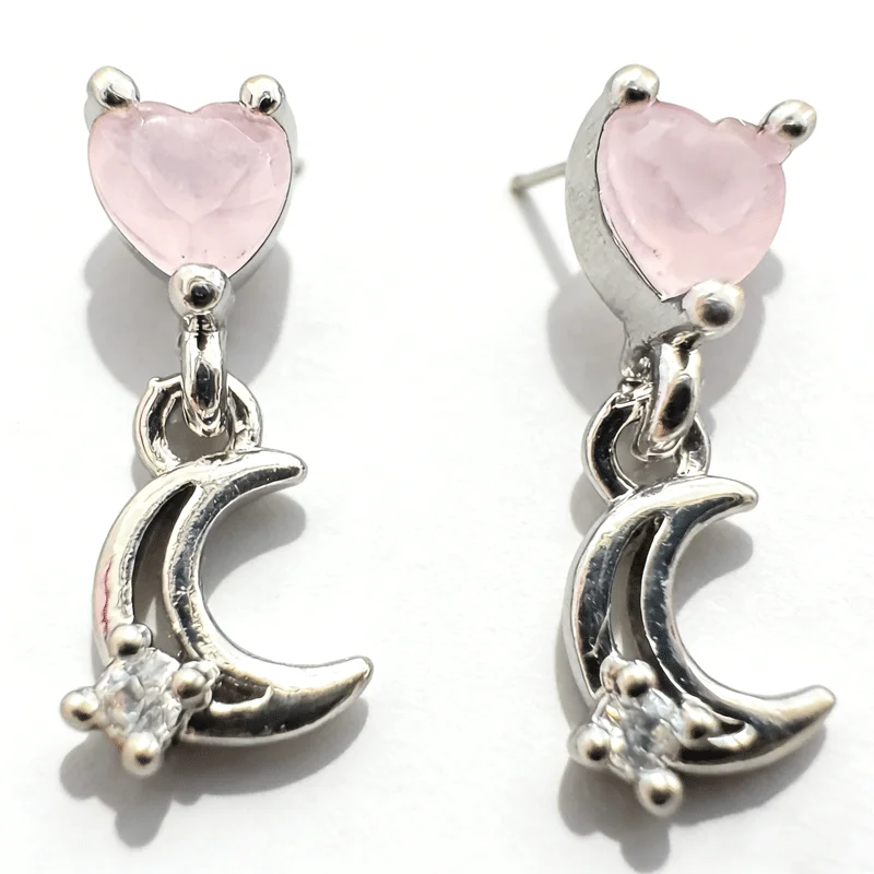 Elegant Silver Plated Heart Moon Pink Cubic Zirconia Drop Earrings, Luxury Celestial Jewelry For Women Anniversary Gift
