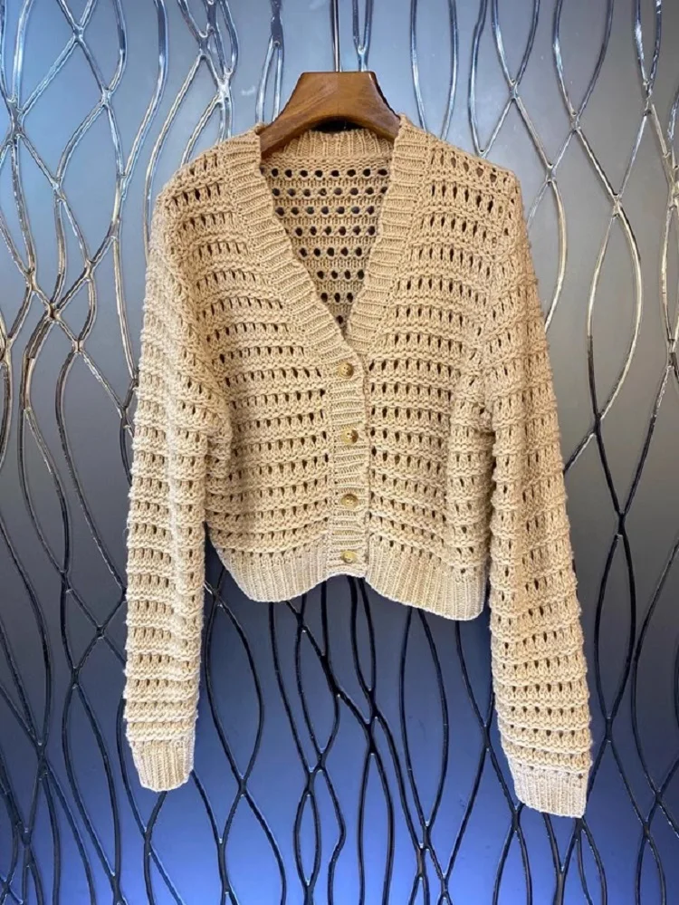 

New 2023 Autumn Fashion Knitted Cardigan High Quality Ladies V-Neck Allover Crochet Knitting Long Sleeve Casual Cardigan Tops