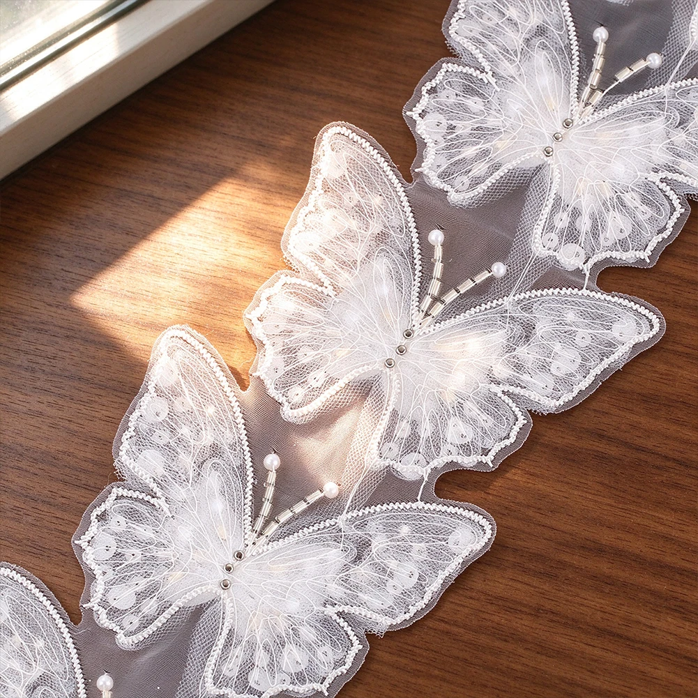 5pcs White Tulle Butterfly Embroidery Patch Hand Stitched Beaded Applique Bridal Gown Decor Sewing Scrapbook Accessories