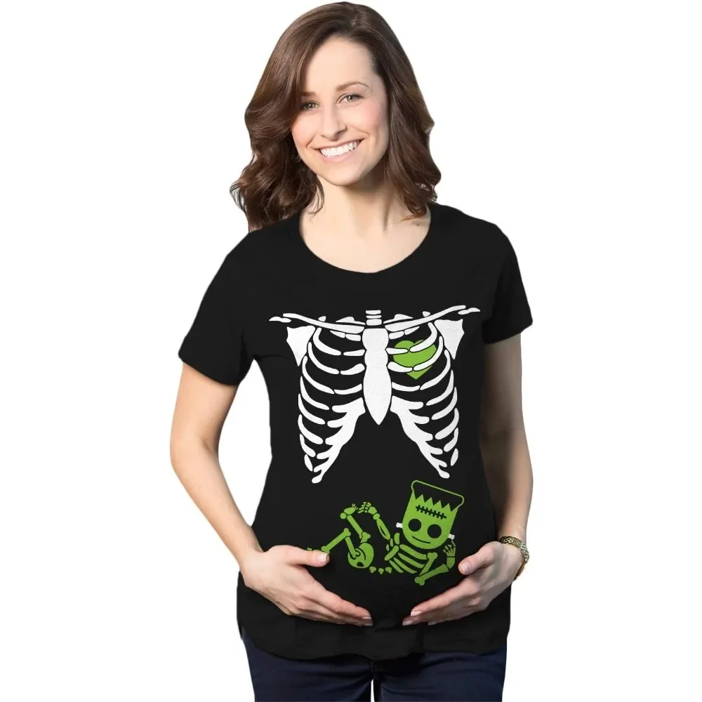 Schwangerschafts-T-Shirts mit Skelett-Baby-Monster-Kürbis-Motiv, lustige und süße Halloween-T-Shirts für werdende Mütter – Detail 5