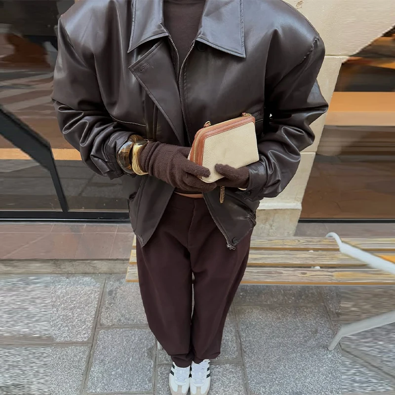 

Женская куртка-пилот из искусственной кожи, пальто с эластичным подолом и отложным воротником на молнии, женские куртки с длинными рукавами, уличные осенние пальто, женские