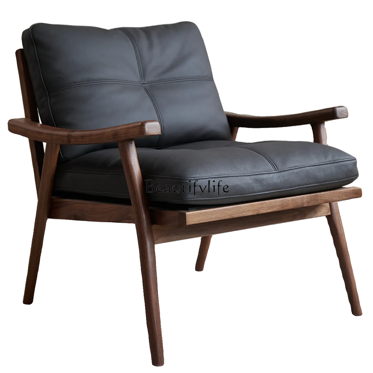 

North American black walnut Nordic solid wood single sofa chair living room armrest leather single chair