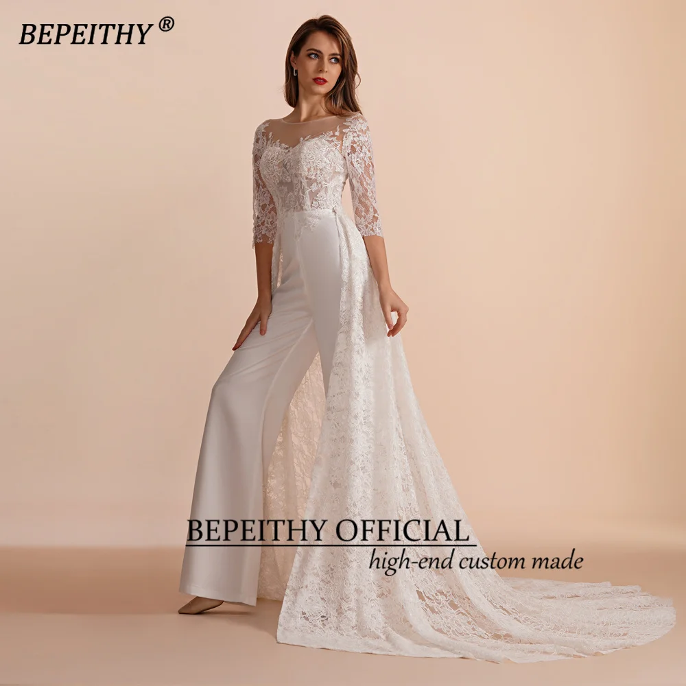 BEPEITHY Aangepaste Scoop Halve Mouwen Kant Bruiloft Jurk 2023 Voor Vrouwen Lange Afneembare Rok Avond Prom Dress Jumpsuite