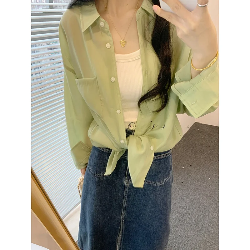 

Cool Mint Salad Lightweight Loose Women's irt Long Sve Spring Faionable Sun Protection Top AAMY Thin Silk irt