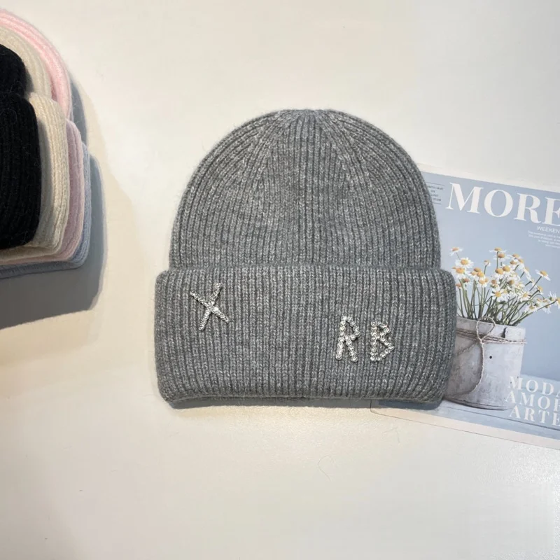 1PC Real Rabbit Fur Diamonds Letter Beanies Hats For Women Winter Warm Knitted Hat Famous Brand Lady Casual Bonnet Skiing Cap