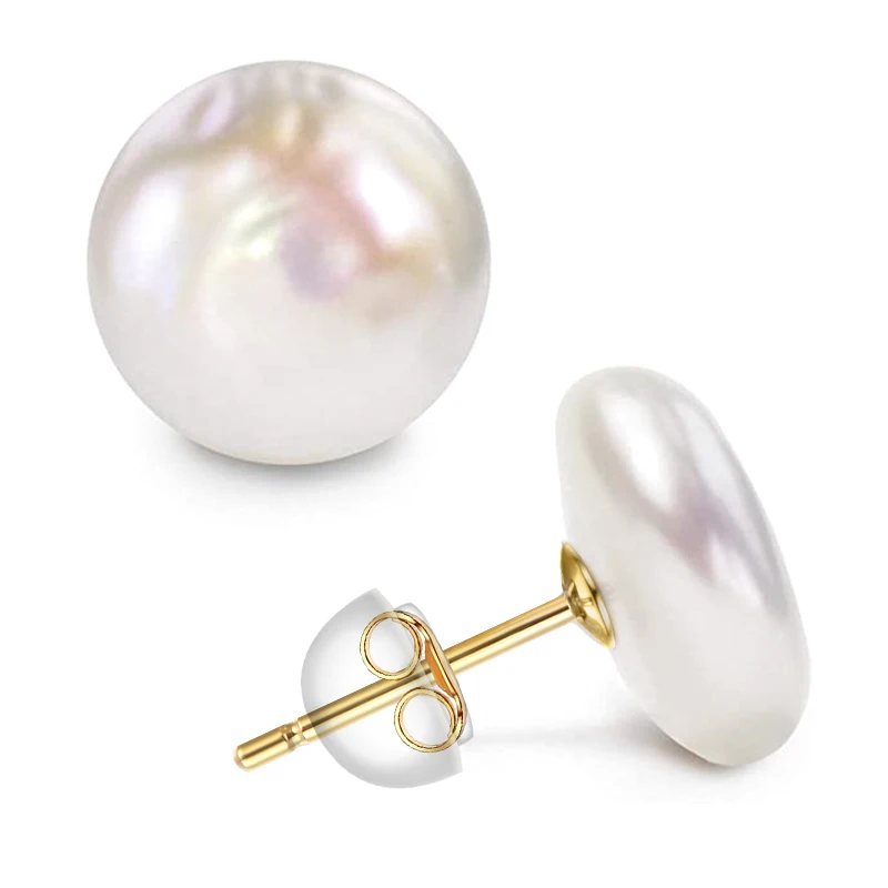

1 Pair Women Big Baroque Button Pearl Earrings Freshwater Cultured Biwa Coin Pearls 925 Sterling Silver Mounts Stud Earrings Jewelry