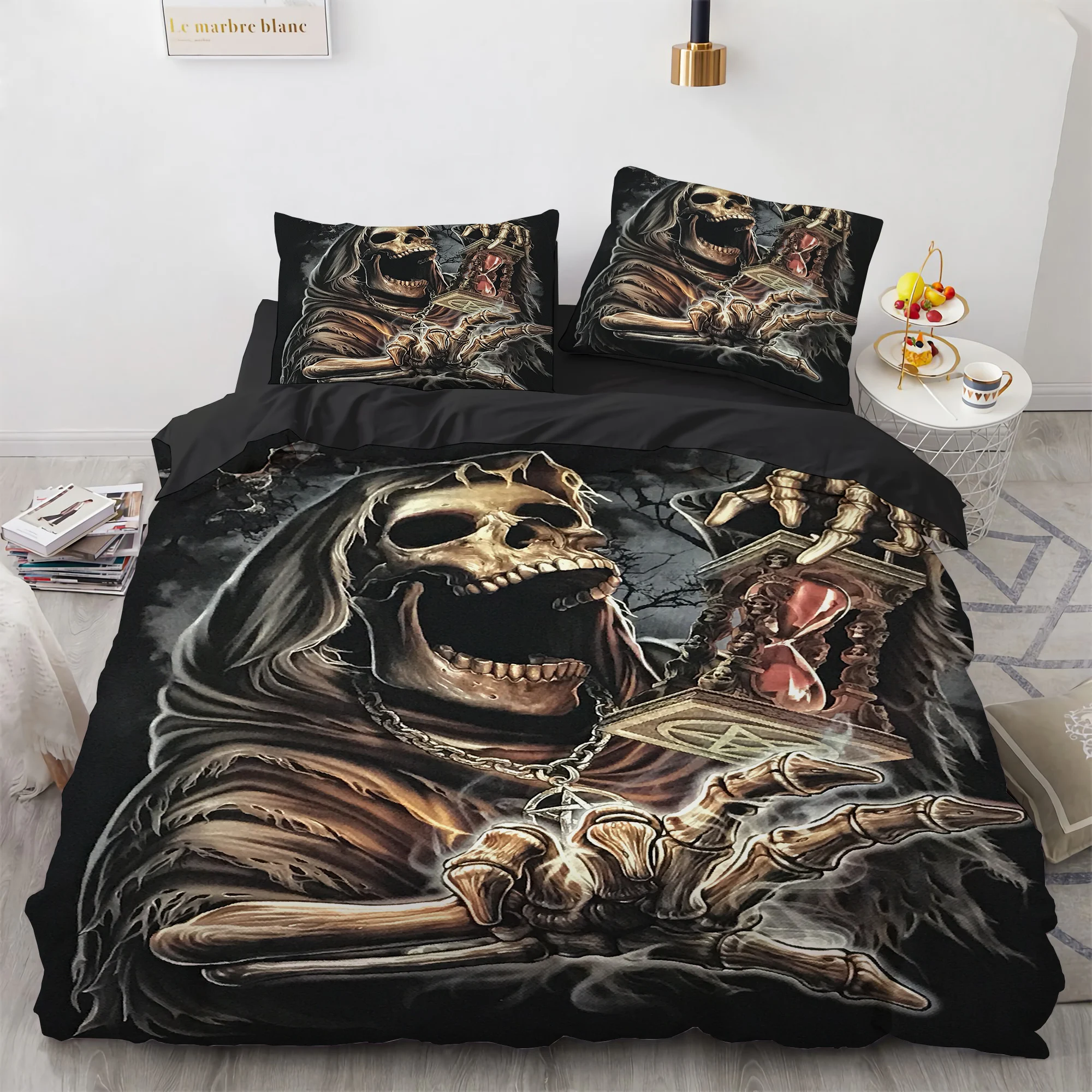 

Black Hat Skull Bedding Set Queen Size Halloween Duvet Cover Sets Modern Style Bedroom Bedding Set Comforter Cover Pillow Shams