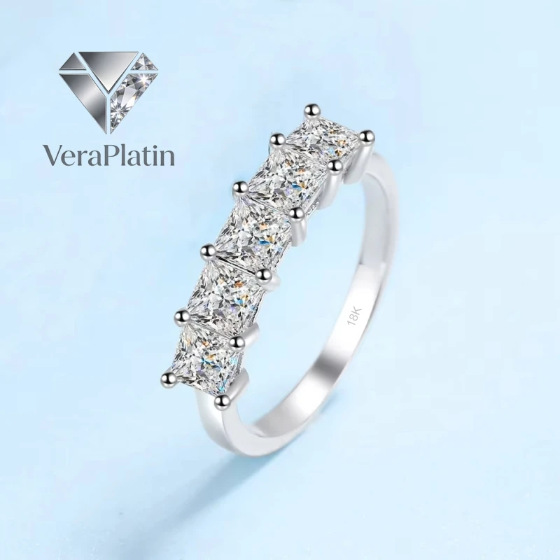 

VeraPlatin Women Engagement 18K White Gold Wedding Band 5pcs Moissanite Diamond 2CT Wife Birthday Gift PT950 Platinum Girl Valen