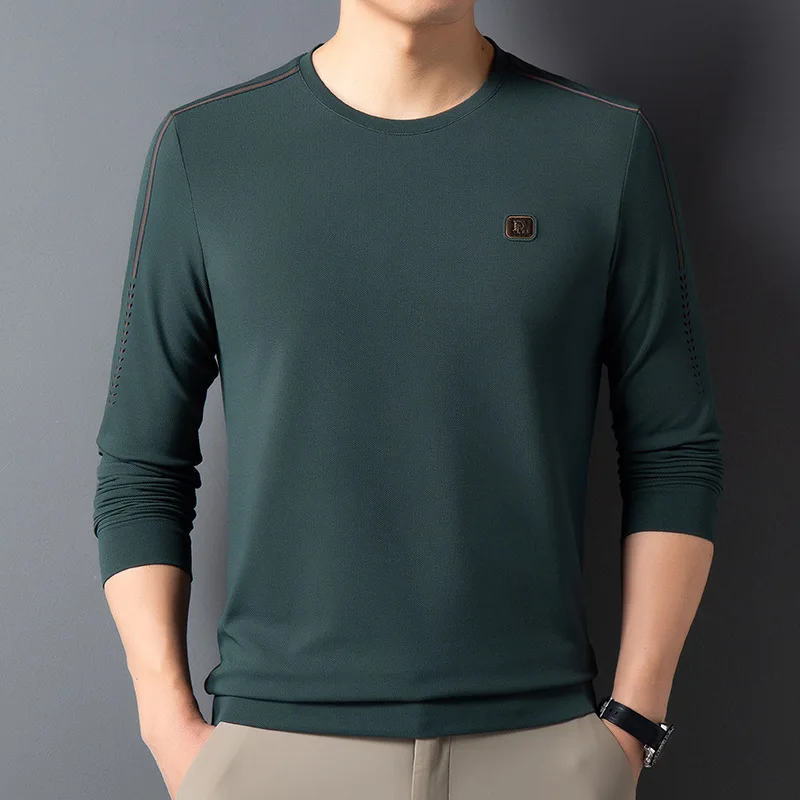 Camiseta de Manga Longa com Gola Redonda e Listras Contrastantes para Homens, Pullover Casual de Primavera e Outono