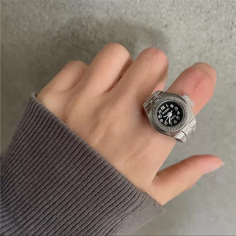 New Y2K Vintage Punk Quartz Finger Watch Ring for Women Men Mini Alloy Elastic Stretchy Rings Fashion Retro Jewelry Clock Gift