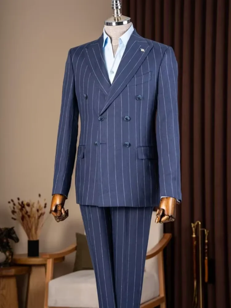Vintage Men 2 Pieces Suit Navy Chalk Stripe Double Breasted Peak Lapel Slim Fit Blazer Pants Set For Wedding Groom Customized