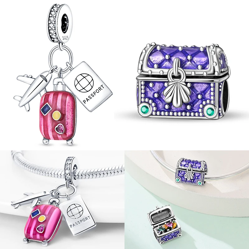 

925 Sterling Silver Travel Luggage Airplane Passport Charms Bead Shining Zircon Dangle Fit Original Bracelet DIY Women Jewelry
