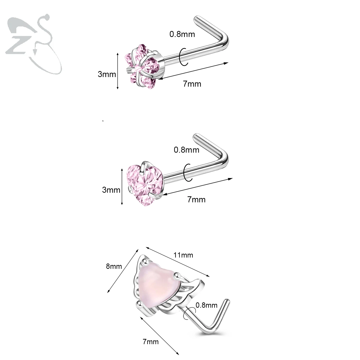 3pcs Stainless Steel Nose Stud Set with Crystals
