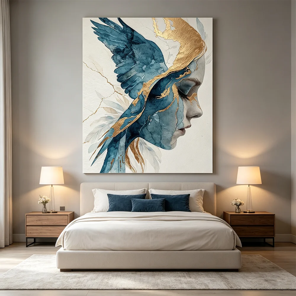 Surreal Watercolor Woman Bird Wall Art Prints Poster Gold Foil Print Decorative Painting Bedroom Decor Canvas Poster Gift