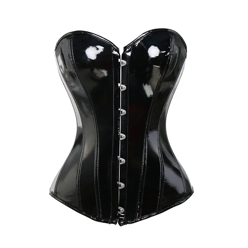 

Women Shiny Black PVC Corset Top PU Leather Bustier Body Shaper Show Costume