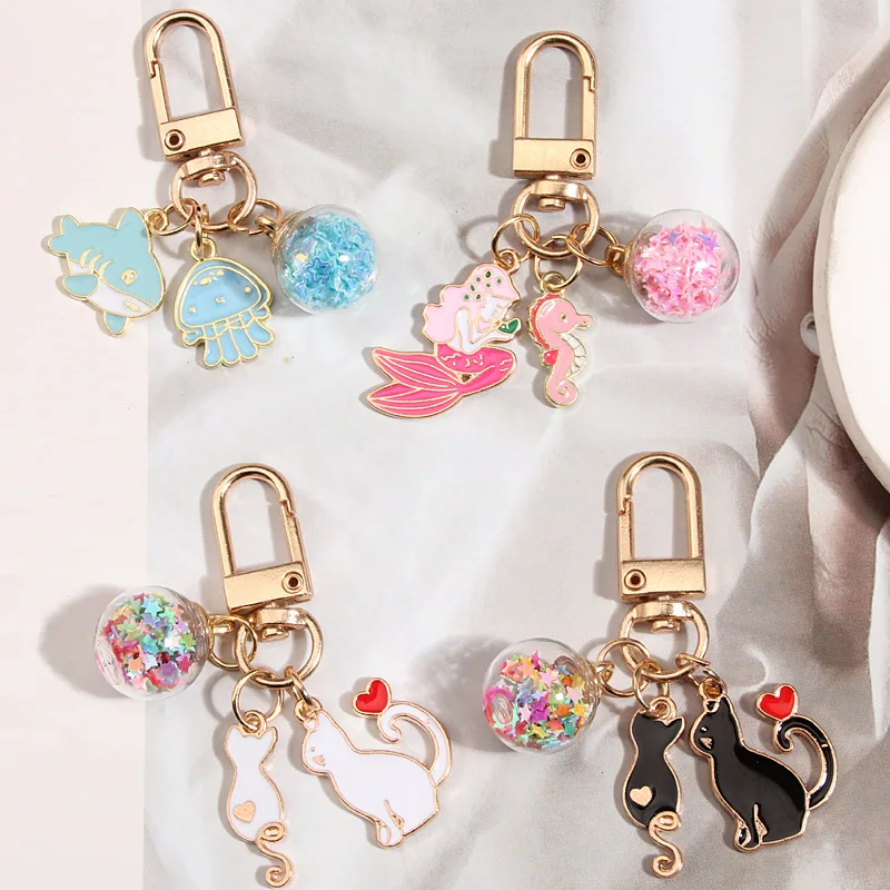Cartoon Enamel Shark Jellyfish Mermaid Keychain with Cat Glass Bead Ball, Cute Key Ring for School Bag & Headphone Cover, for Students, Daily Use, Parties & Holiday Gifting