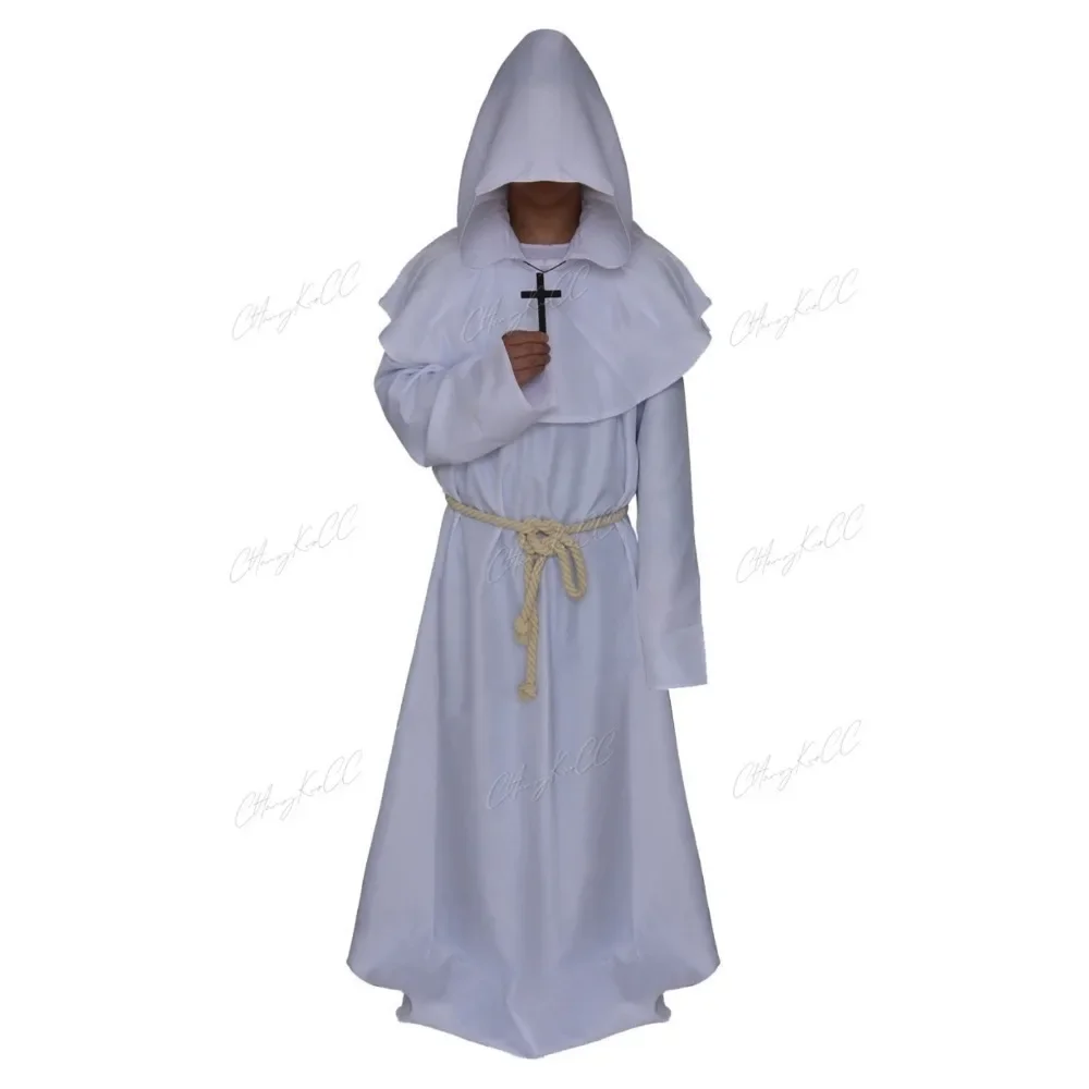 Halloween Costume Men Women Vintage Renaissance Monk Medieval Cosplay Cowl Friar Priest Hooded Robe Rope Cloak Cape Moslem